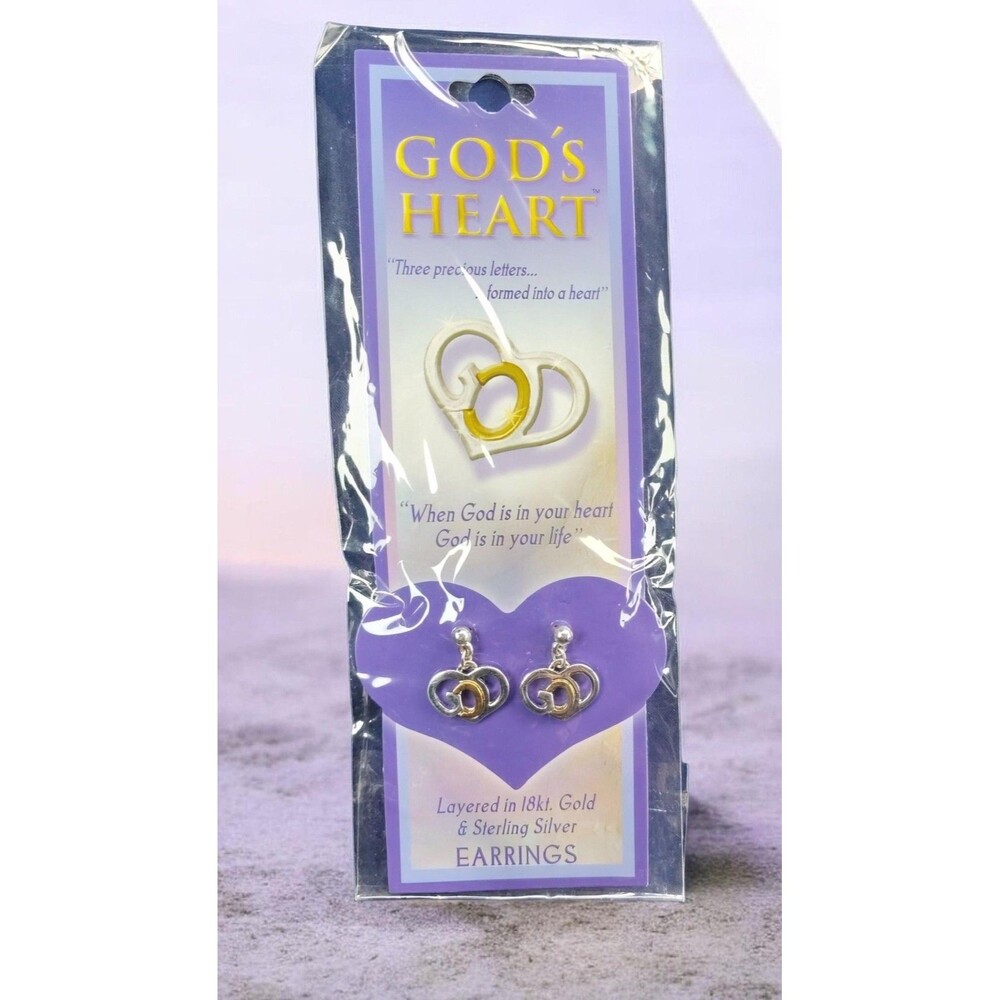 Gods Heart Dangle Earrings 18K Gold Layered Sterling Silver Religious Love Gift